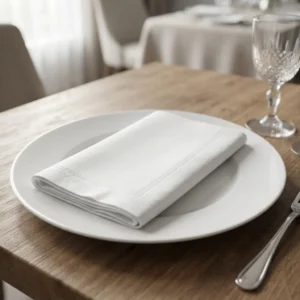 Biała gładka serwetka airlaid złożona w prostokąt na białym talerzu obok kieliszka na stole w restauracji